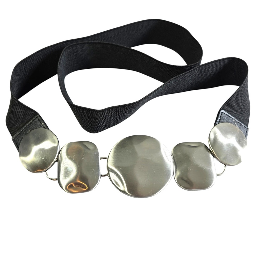 Black‎ Elastic Wide Waist Cinch Belt Silver Geometric Metal Plates Modernist 90s